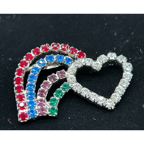 Vintage  Heart  Rainbow Rhinestones Pin Brooch 1.75" - Picture 2 of 6